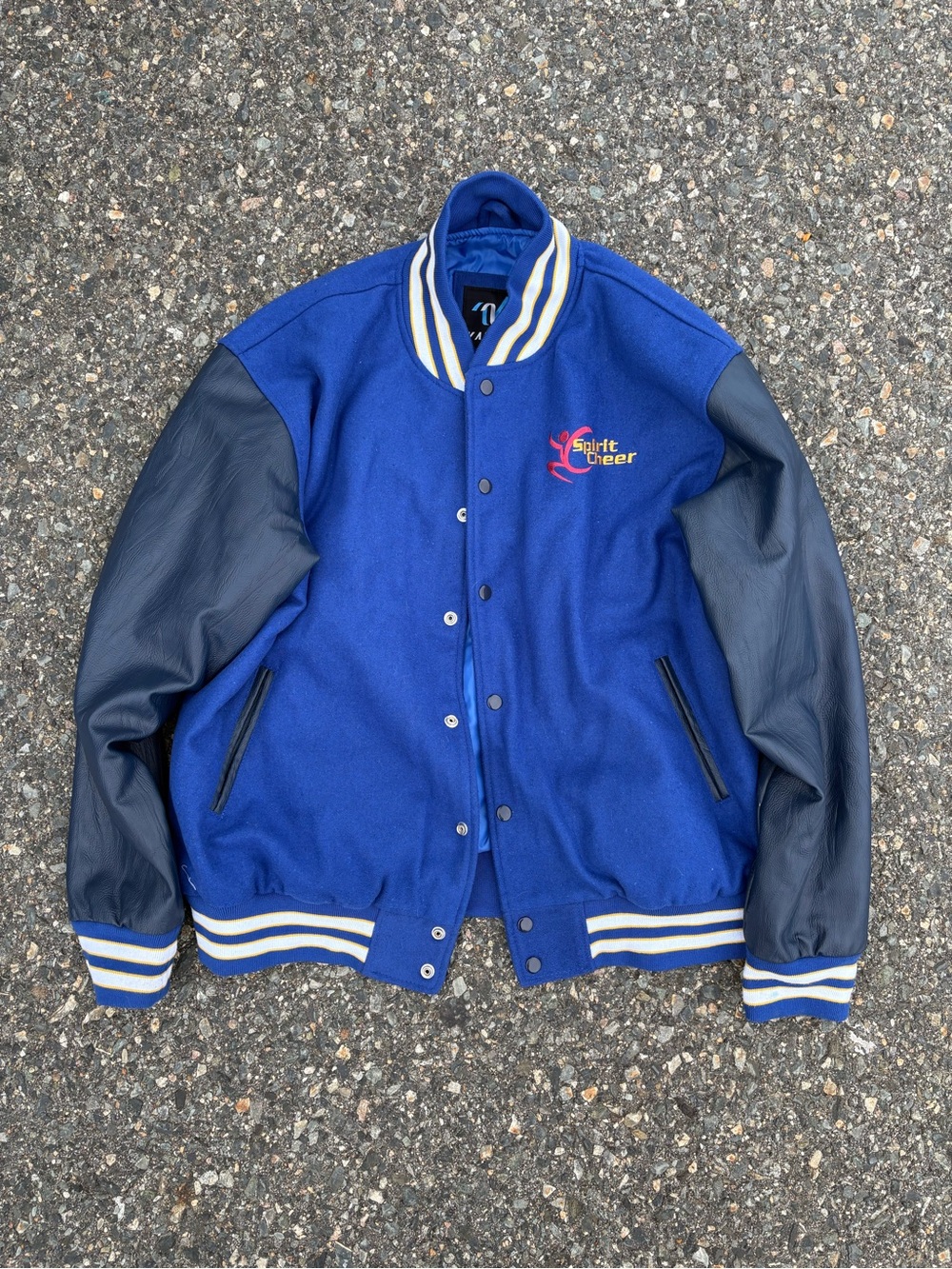 Vintage New Spirit Cheer Wool Blend Varsity Jacket with Navy Leather Sleeves XL